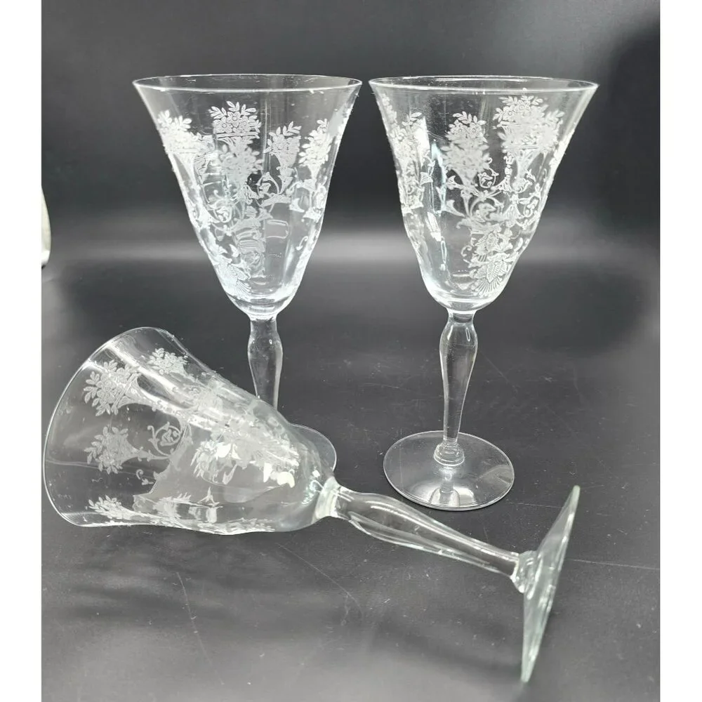 Vintage Morgantown Mayfair Etched Crystal Wine Glasses Set Of 3 Floral JJ3953